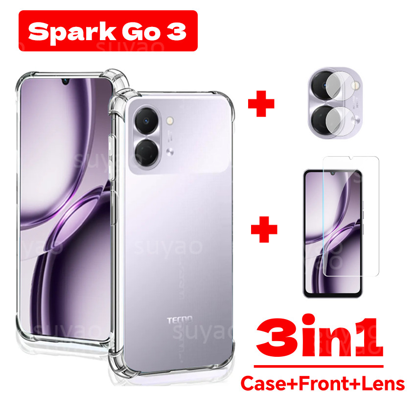 สําหรับ Tecno Spark Go 3 Go 3 2026 3in1 เคสโทรศัพท์ใสปลอก SparkGo3 2 1 กันกระแทก Soft TPU ง่ายกระจกนิรภัยหน้าจอป้องกันฟิล์มกล้อง HD 9H เลนส์ปกหลัง