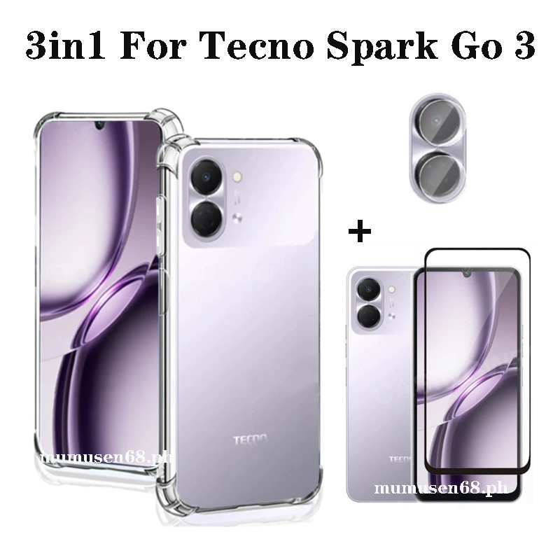 3IN1 Tecno Spark Go 3 กันกระแทกซิลิโคนอ่อนนุ่มโปร่งใสสําหรับ Tecno Spark Go2 GO1 1S ฟิล์มกระจกนิรภัย