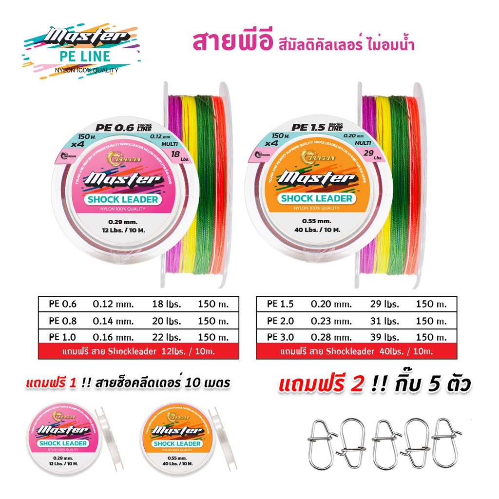 สายพีอี IRD Dragon สายพีอีมัลติคัลเลอร์ ไม่อมน้ำ แถมฟรีช็อคลีด 10 เมตร กิ๊บ 5 ตัว