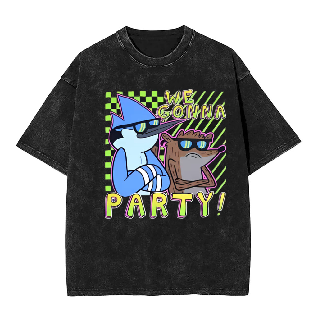 การ์ตูนRegular Show graphic 100% ผ้าฝ้าย Heavyweight Washed short-SLEEVE เสื้อยืดสําหรับผู้ชาย