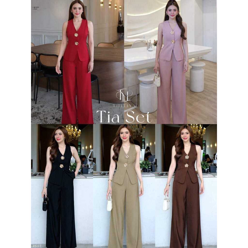 #5117 Tia Set - เซ็ตกึ่งทางการ ที่มีความแฟชั่นลัคชูแบบตะโกนด้วยเข็มกล้ดลายดอกไม้สีทอง thitiya