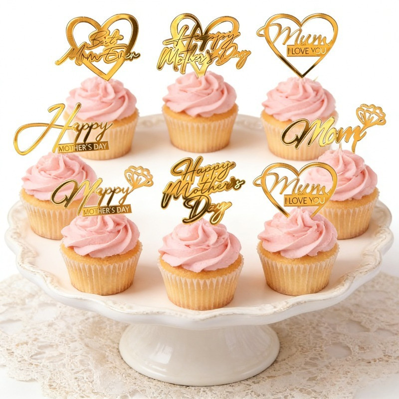 Gold Acrylic Mothers Day Cupcake Toppers - Happy Mothers Day & Mum I Love You ตกแต่งเค้ก