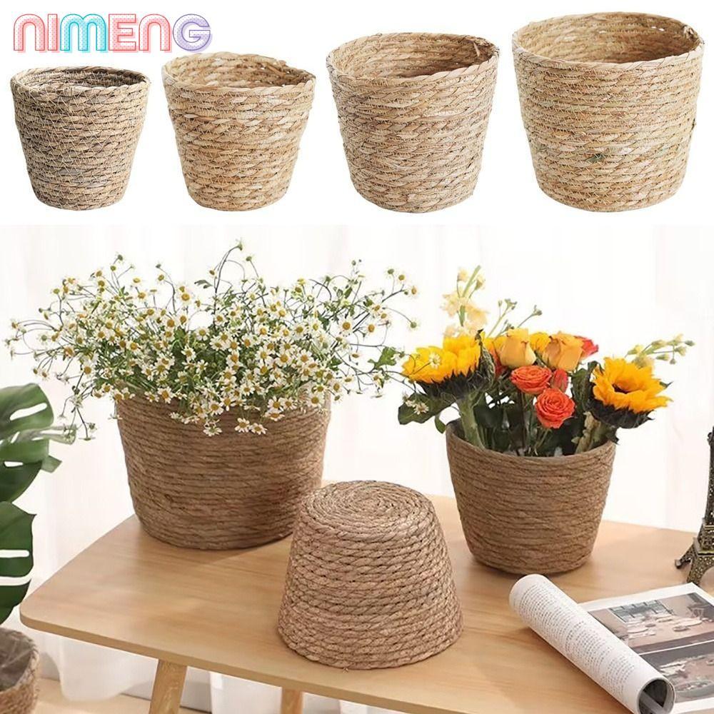 NIMENG 1 ชิ้นดอกไม้หม้อตะกร้า,เฟอร์นิเจอร์ตกแต่ง Planter ตะกร้าหญ้าทอกระถางดอกไม้,สําหรับ Garden Terraces Mini/S/M/L หวายฟางทอพืชตะกร้าดอกไม้