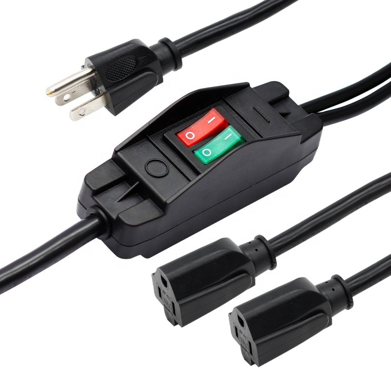 สายกันน้ํา Coupled Twin Switch พร้อมสายไฟ 3-Prong USA NEMA 5-15P ปลั๊กและ 2 Splitter NEMA 5-15R ซ็อก