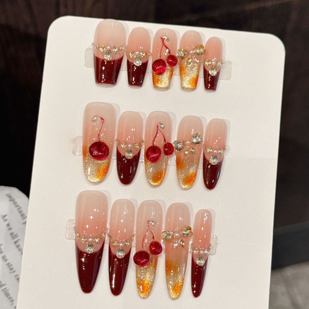 5in1 Toolkit+HANDMADEPress On Nails Cherry Wine Red Sparkling Diamond Sweetness Phototherapy แผ่นแปะเล็บปลอมเล็บเทียมนํากลับมาใช้ใหม่ได้