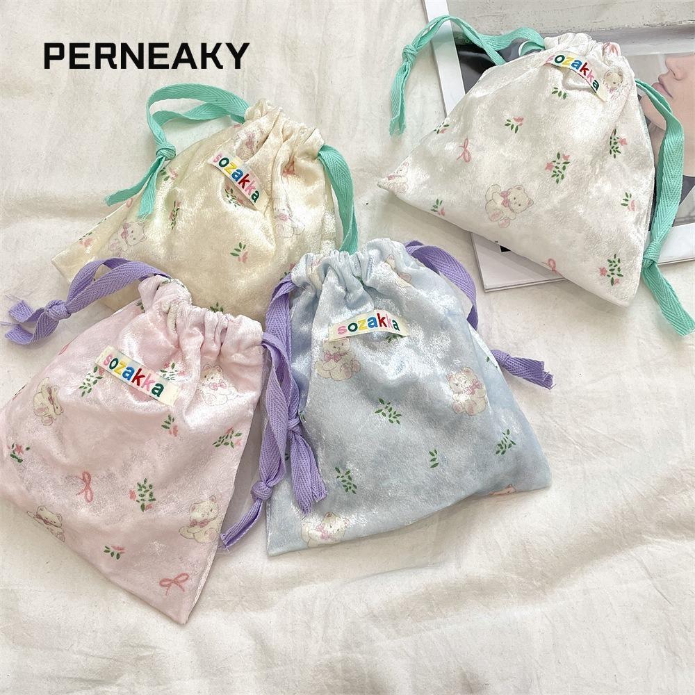PERNEAKY Drawstring Storage Bag, Multifunctional Travel Jewelry Lipstick Makeup Bag, Cartoon Floral 