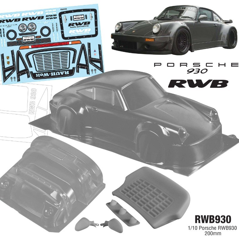 RWB930 1/10 Porsche RWB930, Drift 200 มม., เปลือกรถ PC โปร่งใส, พร้อมถ้วยไฟ