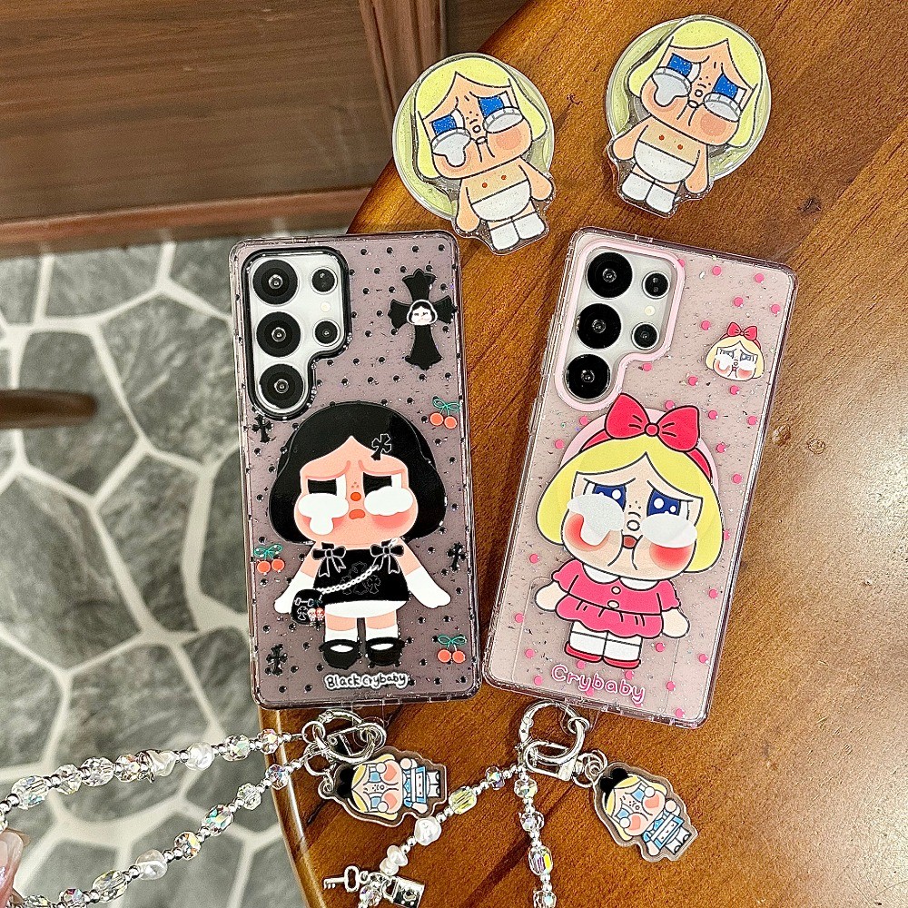 ฝาหลังสําหรับ Samsung Galaxy S26 S25 Ultra S24 Plus S23 กรณี Glitter สีดํา Crybaby วงเล็บแม่เหล็กดึงดูดสายรัดข้อมือสร้อยข้อมือกันกระแทกเคสโทรศัพท์