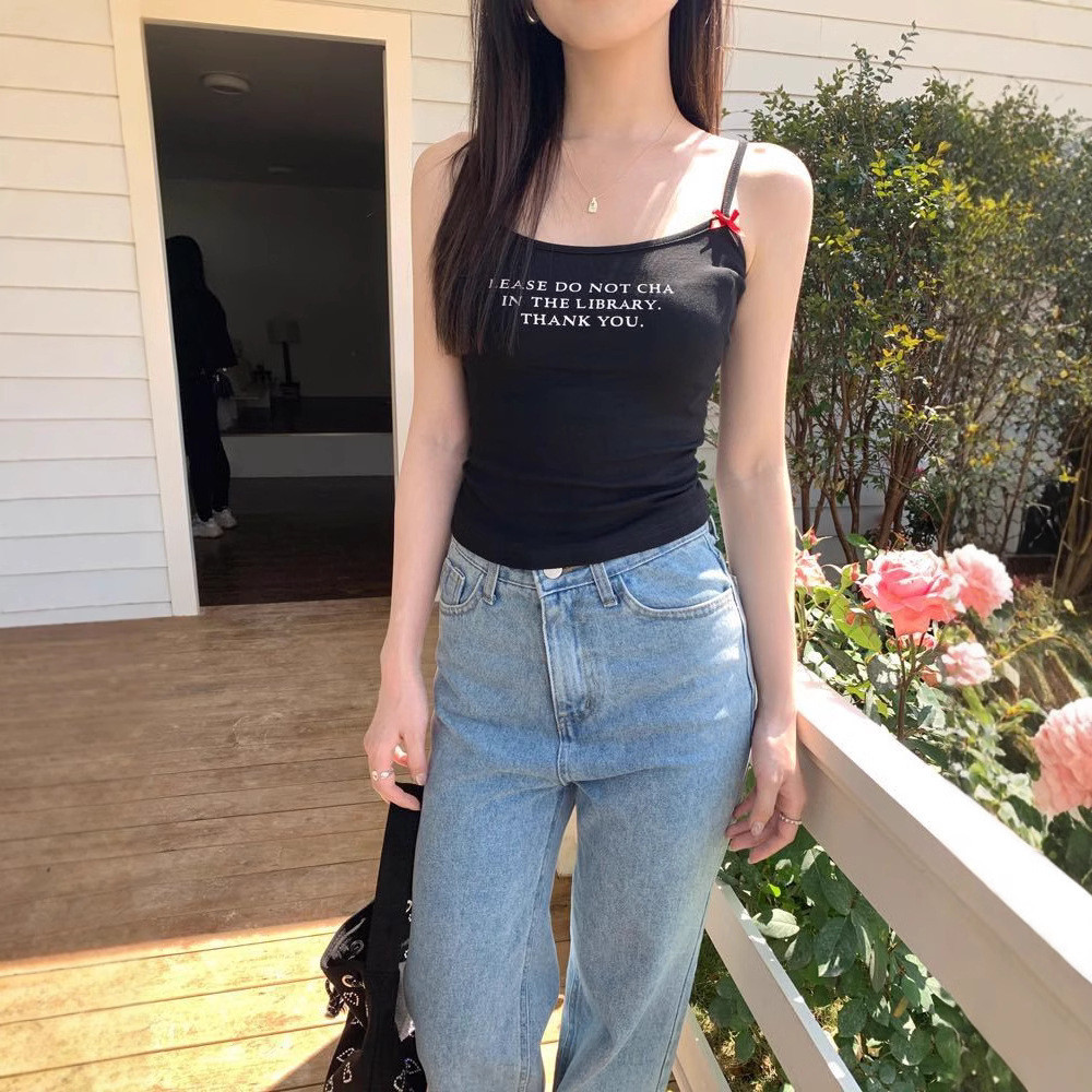 2124#Spring และฤดูร้อนความปรารถนาบริสุทธิ์ตัวอักษรสีขาว แคลิฟอร์เนีย 2124#春夏纯欲白色字母吊带背心女甜辣妹蝴蝶结内搭上衣DD3