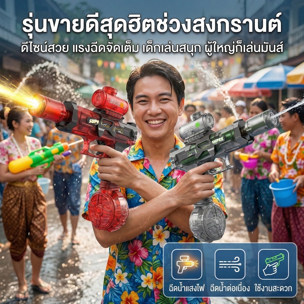 ปืนฉีดน้ำไฟฟ้าเด็ก ของเล่นสงกรานต์ ยิงน้ำต่อเนื่อง ยิงไกล ชาร์จ USB ขณะยิงมีไฟ LED เติมน้ำง่าย เล่นสนุกทั้งวัน