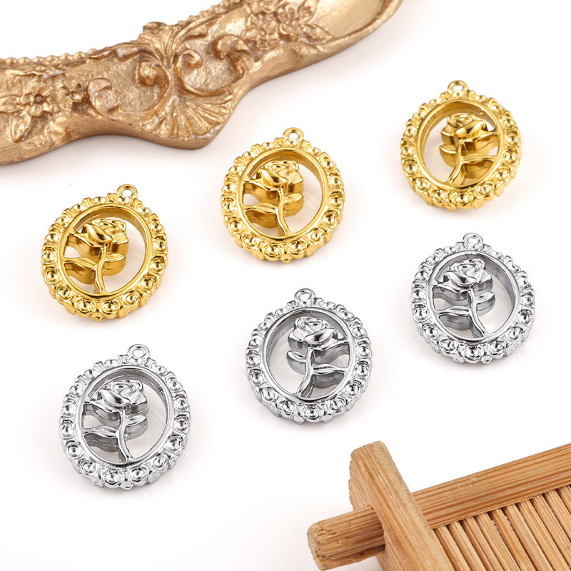 จี้สแตนเลส Rose Elliptical Handmade DIY พร้อมสร้อยข้อมือและสร้อยคอแบบ Openwork สำหรับเครื่องประดับเสริมแต่ง