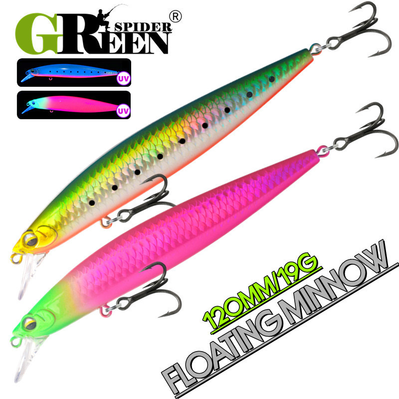 Greenspider Minnow 19g เหยื่อพลาสติกแข็ง ขนาด 120 มม. ใช้งานได้ทั้งในน้ำจืดและน้ำเค็ม เหมาะสำหรับตกปลากระพงและเทราท์