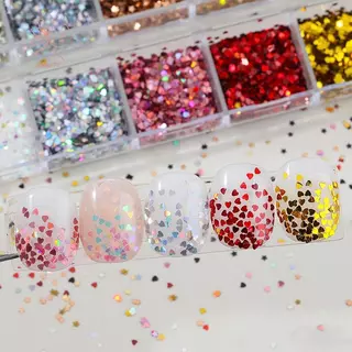 [maybeauty] 12 กริดผสม Star Heart Nail Glitter 1 มม.Star เลื่อมเล็บ DIY สีสันประกายเล็บ Charms อุปกรณ์ตกแต่งเล็บ {TH}