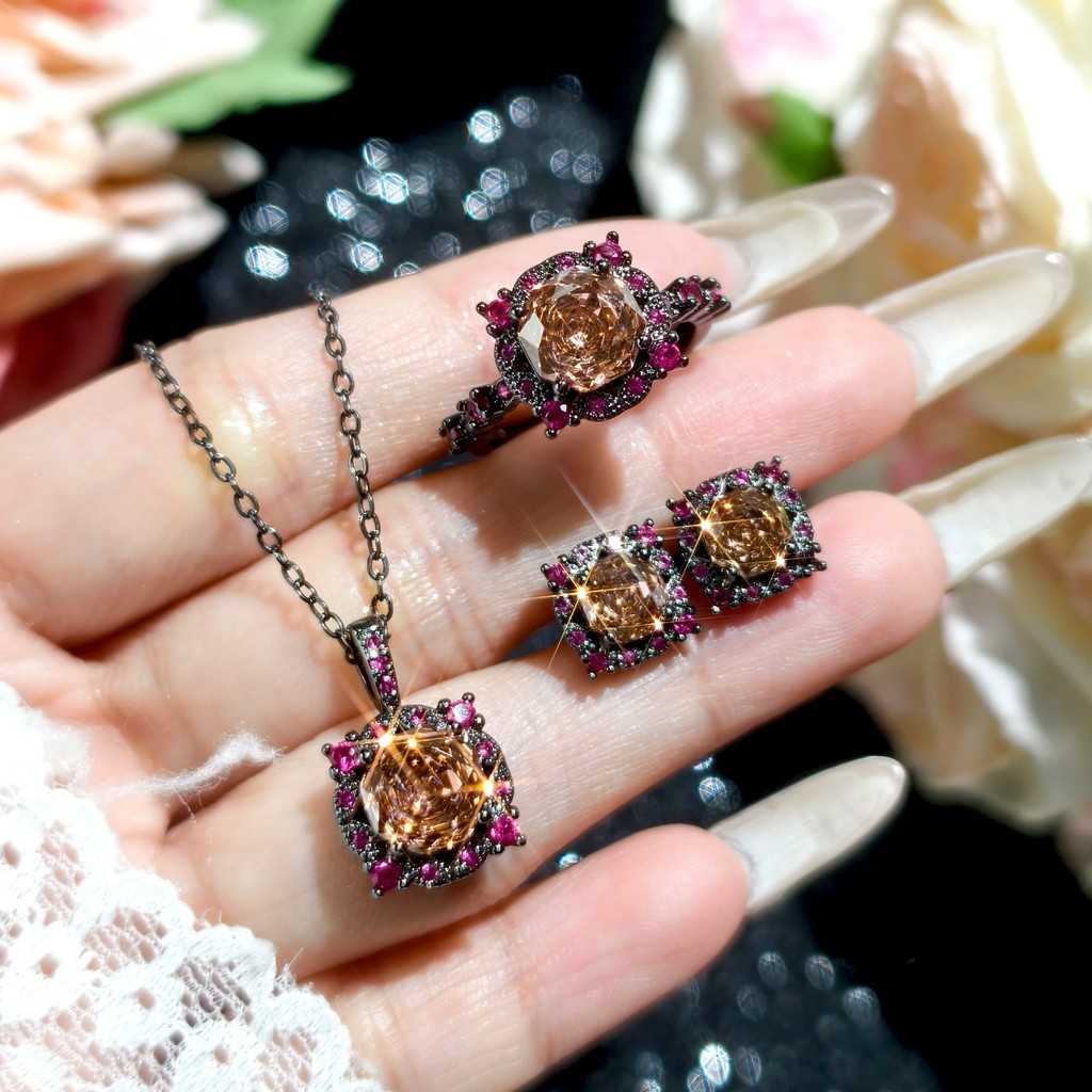 ยุโรปอเมริกัน ins สินค้าใหม่สีดําทอง Rose Cut Morgan Orange Zircon สูทผู้หญิง