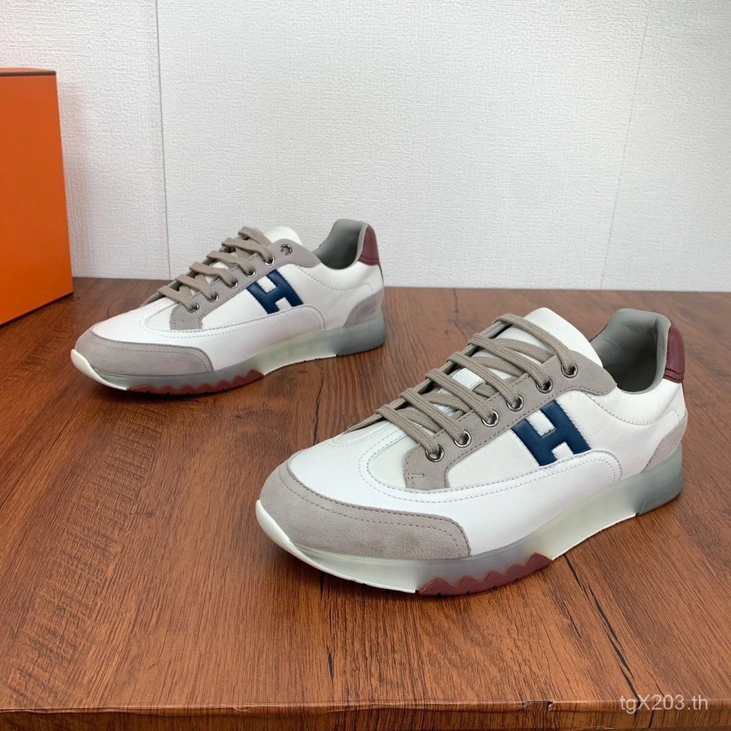 2024 ใหม่ hermes H hermes รองเท้าผู้ชาย Soft Nepa Calfskin แฟชั่นรองเท้าลําลองรองเท้ากีฬารองเท้าผ้าใ