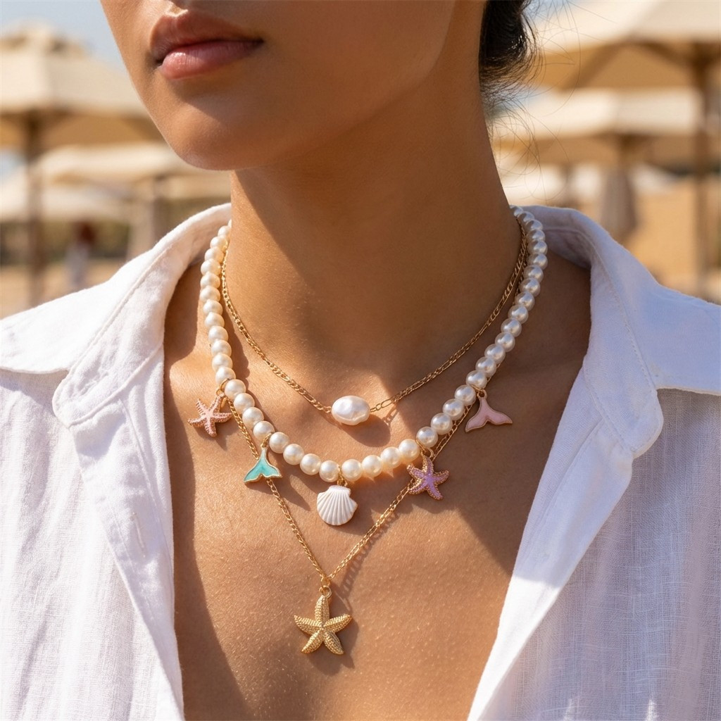 Benge ชุดสร้อยคอนามธรรม Pearl Conch 3 ชิ้น.Layered Boho Style เครื่องประดับ trend Y2K สำหรับผู้หญิง