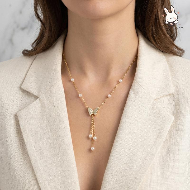 [Teh] Shiny Pearl Butterfly Nelace คริสตัลจี้คอโซ่ Nelace สุภาพสตรีเครื่องประดับงานแต่งงาน [VN]