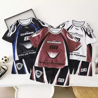 MooDeng Baby ชุดกีฬา ชุดเซต ชุดเด็ก เสื้อ กางเกง สีขาว สีดำ น้ำเงิน สีแดง ผ้าตาข่าย สกรียลาย ผ้านุ่ม ลื่น