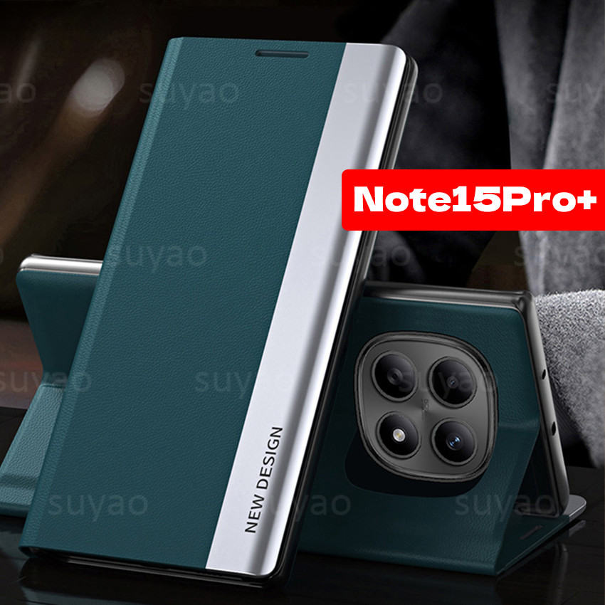 สําหรับ Redmi หมายเหตุ 15 Pro Plus ProPlus 2026 เคสโทรศัพท์หรูหราผู้ถือขาตั้งหนังกรณี Note15Pro + Note15 14 Attraction ชุบ Flip Bracket กันกระแทกป้องกันปกหลัง