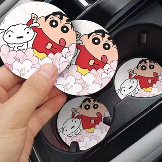 🚗 EAZIOR แผ่นรองช่องวางแก้วรถยนต์ลาย Crayon Shin-chan 2 ชิ้น หนัง PU กันน้ำ กันลื่น เช็ดทำความสะอาดง่าย ขนาด 7.1 ซม. ของแต่งรถการ์ตูนน่ารัก