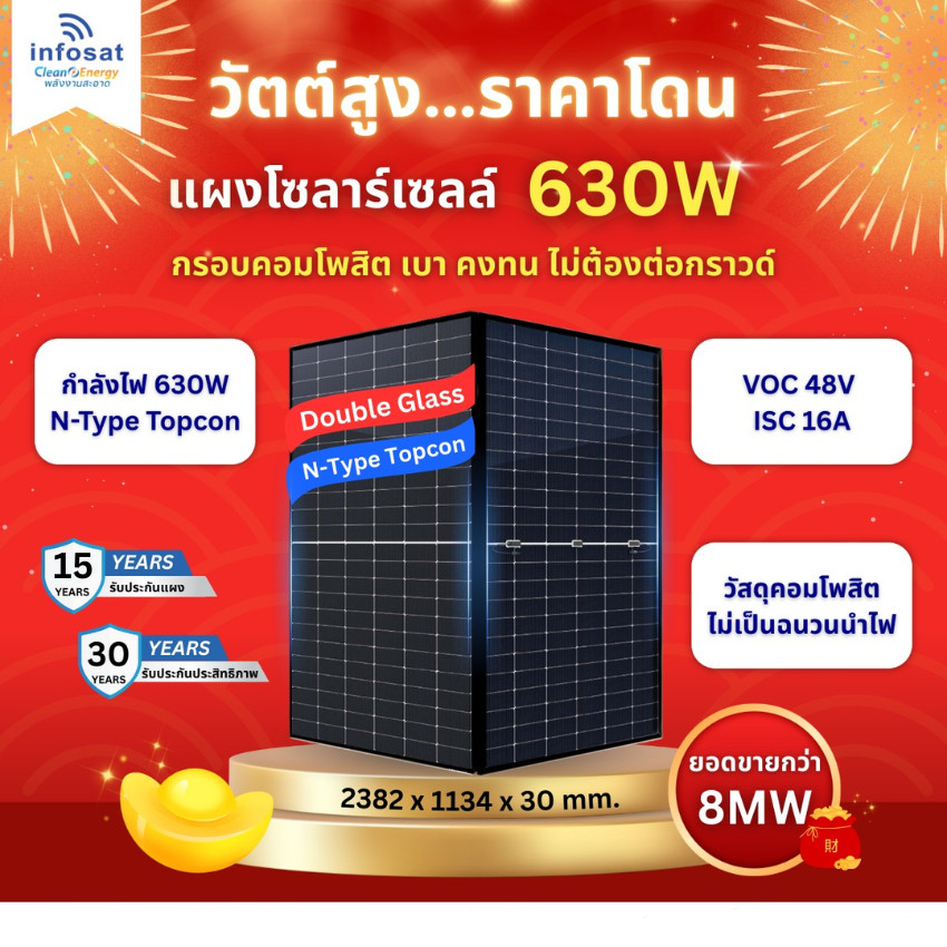 INFOSAT Solar Panel 630W รุ่น ERA-630W (แพ็ค 4 แผง) Mono Bifacial กระจก 2 ด้าน ทนทุกสภาพอากาศ