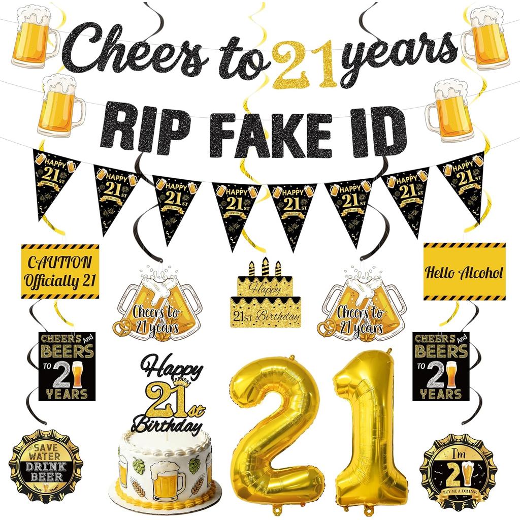 ตกแต่งวันเกิด 21st สําหรับเขาผู้ชาย,สีดําทอง Glitter Cheers ถึง 21 ปีแบนเนอร์ธงสามเหลี่ยม 21st Bday 