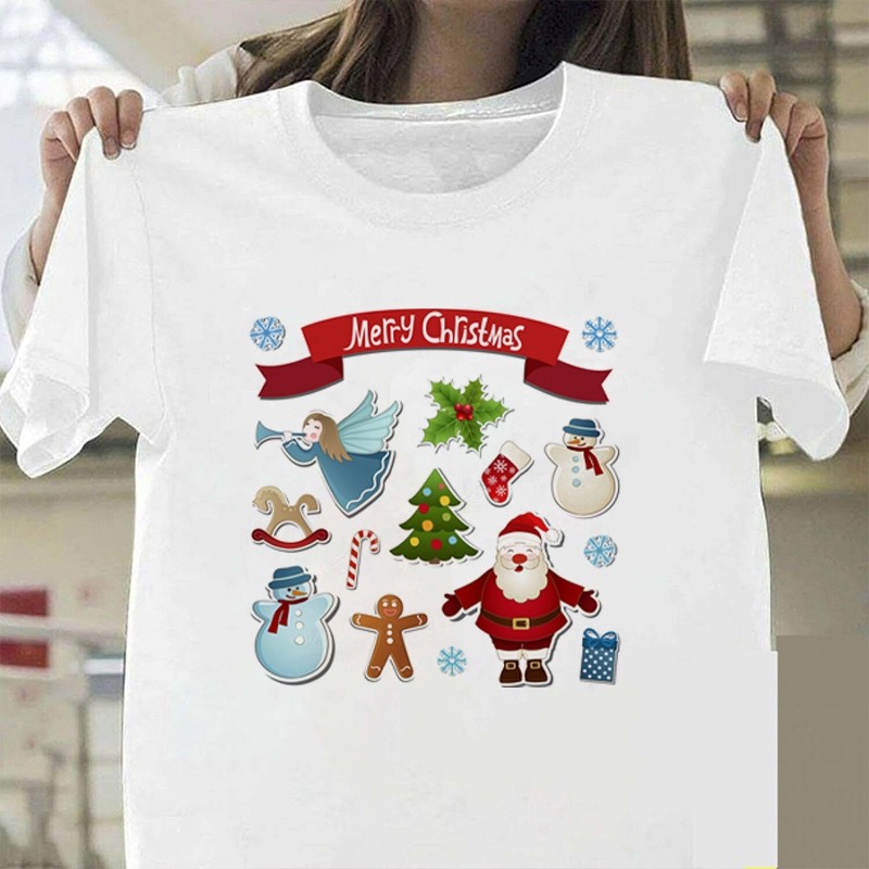 CODMerry Christmas TShirt ฤดูร้อนการ์ตูน Santa Claus ผู้หญิงรอบคอสีขาวแขนสั้นเสื้อยืดของขวัญวันเกิดเ
