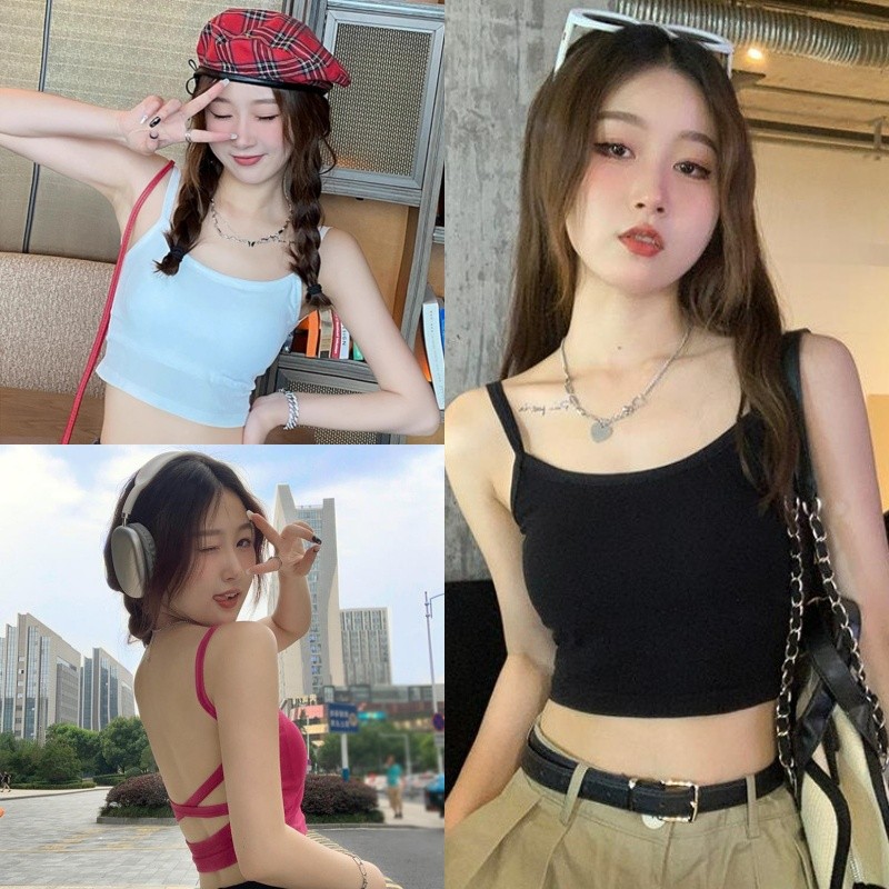 🥭Evelyn🥭เสื้อแขนกุด สีพื้น มีฟองน้ำ เว้าหล้งเซ็กซี่ เสื้อครอป สไตล์เกาหลี ใส่แล้วผอม แฟชั่นฤดูร้อน