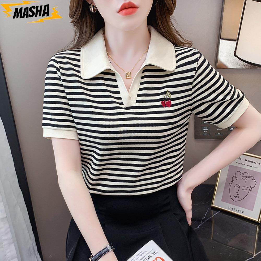 เสื้อยืดคอโปโลลายทางสีดำและสีขา&nbsp;มแขนสั้น สำหรับผู้หญิงทันสมัย
