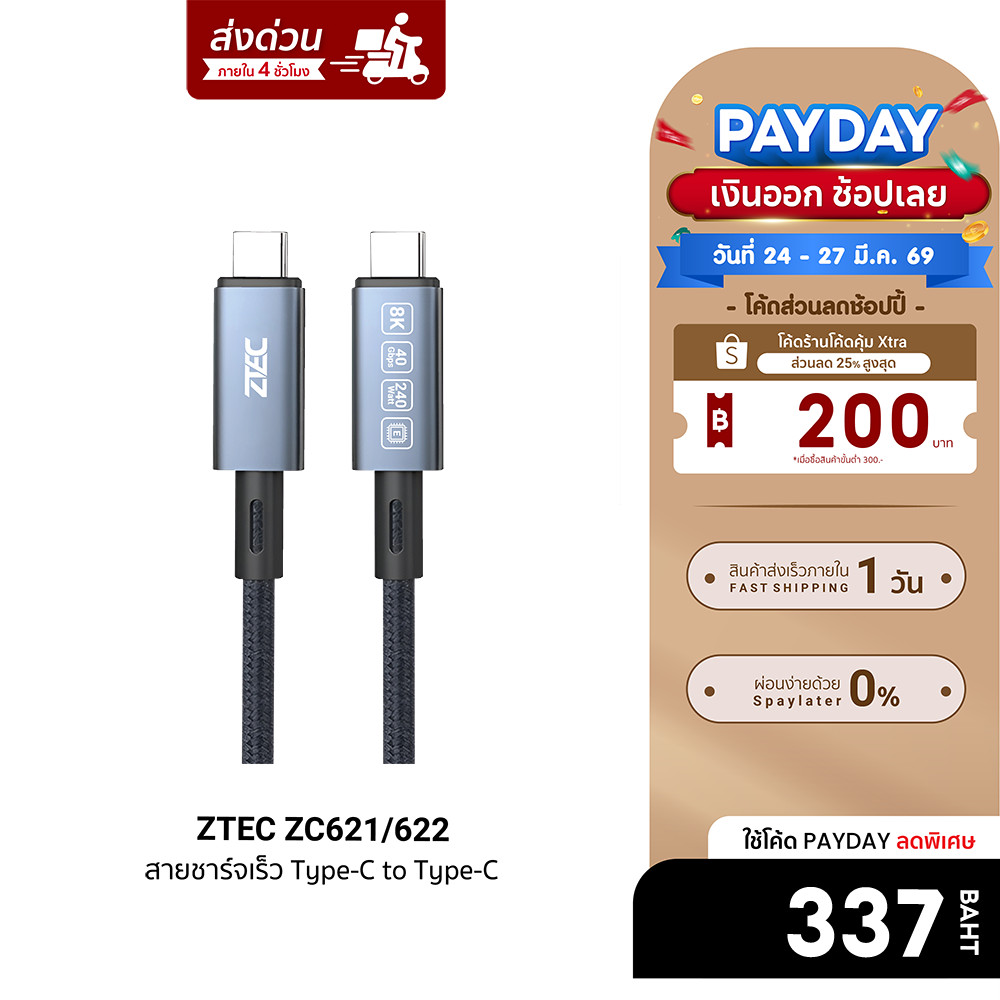 [ลดเหลือ 337] ZTEC ZC621 / ZC622 สายชาร์จไนลอนถัก 240W USB-C to USB-C Thunder 4 / 3 , USB4 รองรับการ
