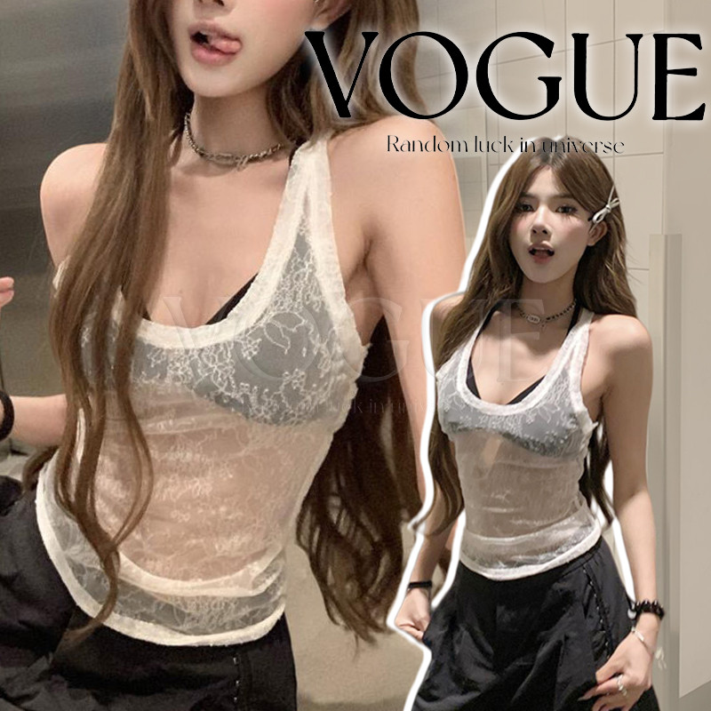 Vogue🌟พร้อมส่ง🌟 เสื้อกล้ามซีทรู คอลึก ลายลูกไม้ สุดเซ็กซี่ ต้อนรับซัมเมอร์ ไม่มีบรา พอดีตัว (FY258)