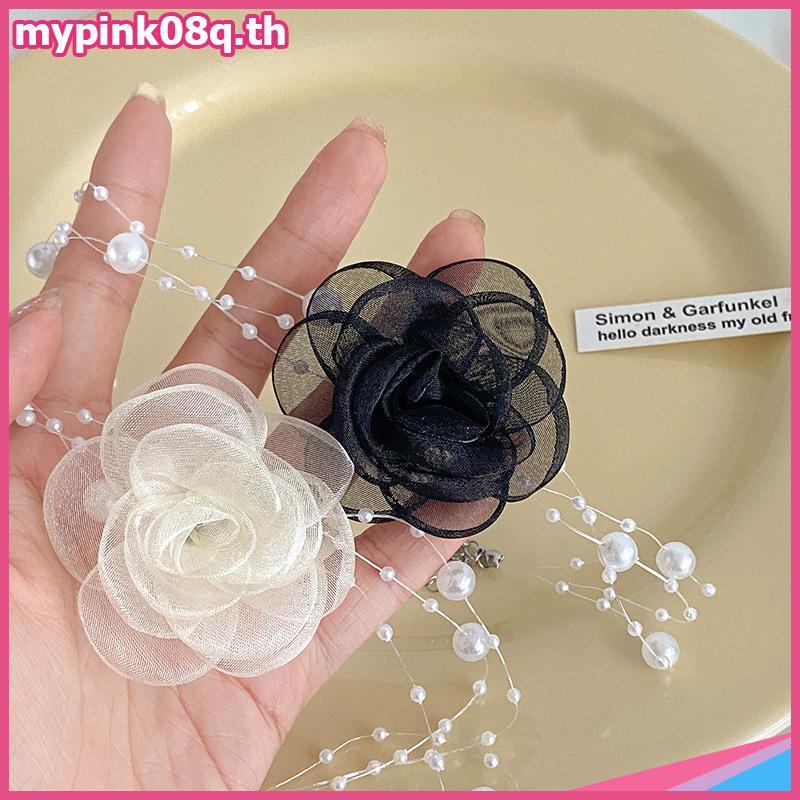 MYPIN เพarl Choker ลายดอก.camellia สีขาว สร้อยคอมุกสำหรับผู้หญิงในฤดูร้อน