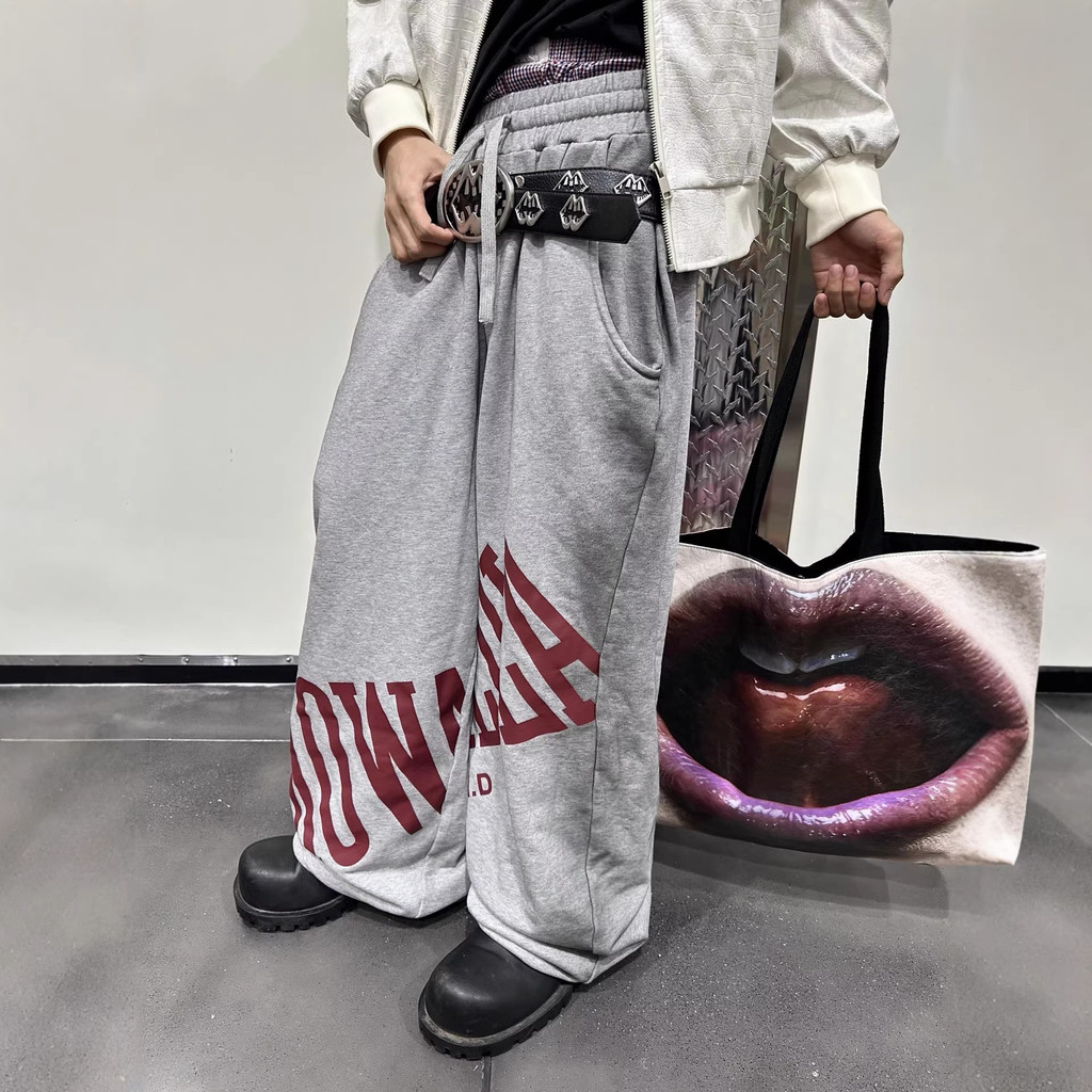 BNX8 Mowalola Spray-painted distressed letter print Baggy Loose-fitting wide-leg gray sports sweatpa