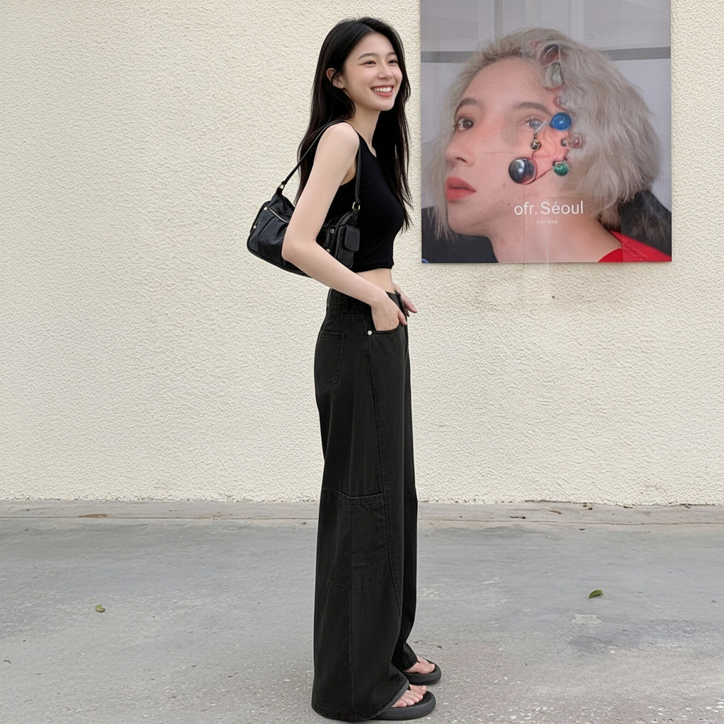 RosieMall กางเกงยีนส์สไตล์งานช่างทรงหลวม กางเกงลำลองสีขาว คาราเมล สีชมพู สีดำ ใส่ได้กับทุกชุด ขนาด ราคา ถูกที่สุด ดีลบีเคเค แกลเลอรีภาพที่ 7