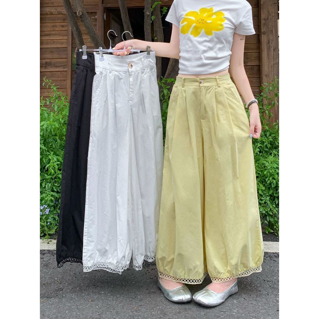 [ลดราคาจํากัดเวลา] สีทึบกางเกงตรงลูกไม้สไตล์ใหม่ฤดูใบไม้ผลิหลวม ผอมลง ดูเนื้อทิเบตกลวงกางเกงขากว้างข้อเท้ายาวกางเกงลําลอง