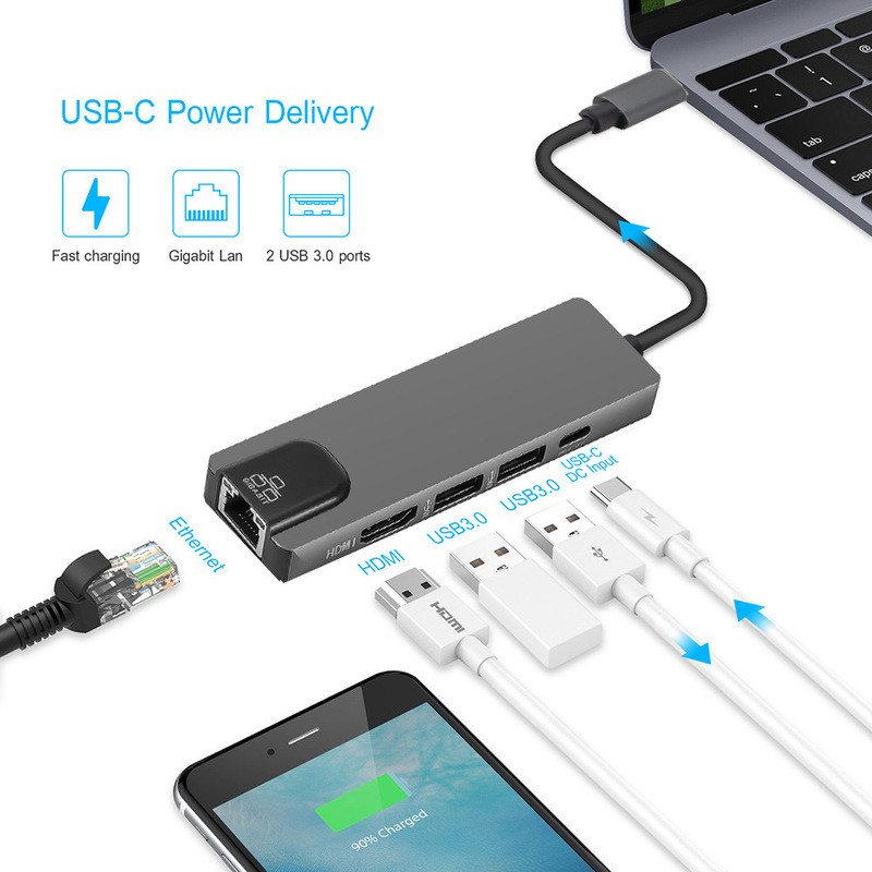Type c Docking Station usb3.0 Hub UBS-C Docking Station to HDMI PD Power Supply RJ45 พอร์ตเครือข่าย