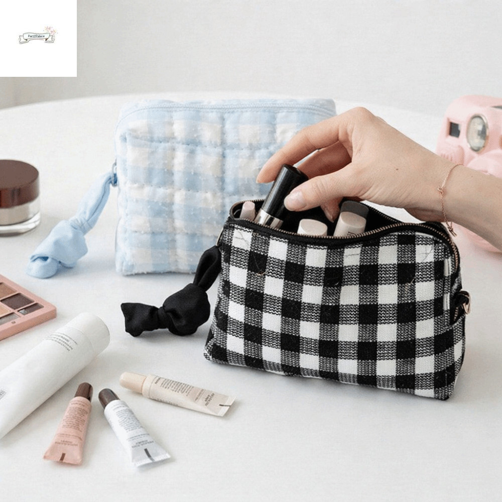 PARTYPALACE กระเป๋าเครื่องสําอางลายตารางหมากรุกความจุขนาดใหญ่กระเป๋าแต่งหน้า Washbag High Beauty Sco