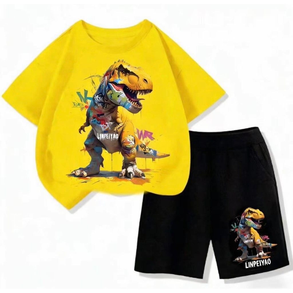 ชุดสูทเด็กลายไดโนเสาร์สไตล์ใหม่ เสื้อยืดแขนสั้นและกางเกงขาสั้น