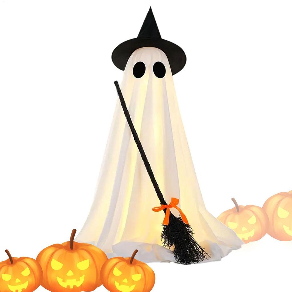 Light up Ghost Decorations Outdoor Halloween Decorations Outdoor Standing Ghost with Witch Broom Sea