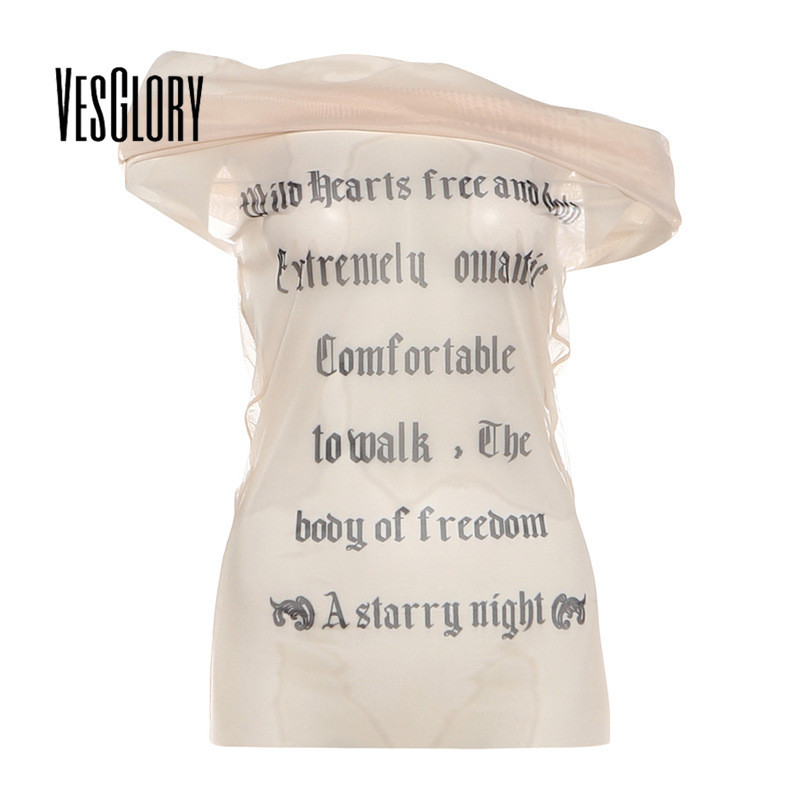 VesGlory ผู้หญิง 2026 ตัวอักษรพิมพ์ตาข่ายเสื้อยืดแขนกุดแฟชั่นใหม่ทุกวันวิทยาลัย Y2k