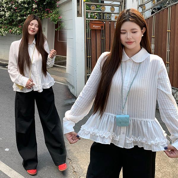 mimi&didi#เสื้อแขนยาวผู้หญิงสีขาวทรงหลวม ดีไซน์คอปกจีบระบาย แต่งขอบลูกไม้สวยงาม เหมาะสำหรับใส่ในฤดูร้อน#W714