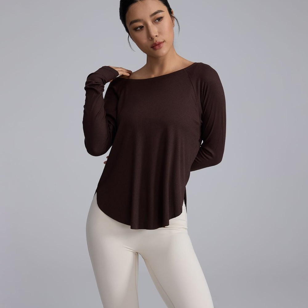 【LASYYOGA】 เสื้อกีฬาไม่มีแผ่นเสริม ระบายอากาศดี คอวีใหญ่ แขนยาว เนื้อผ้านุ่มสบาย สำหรับวิ่งและฟิตเนส