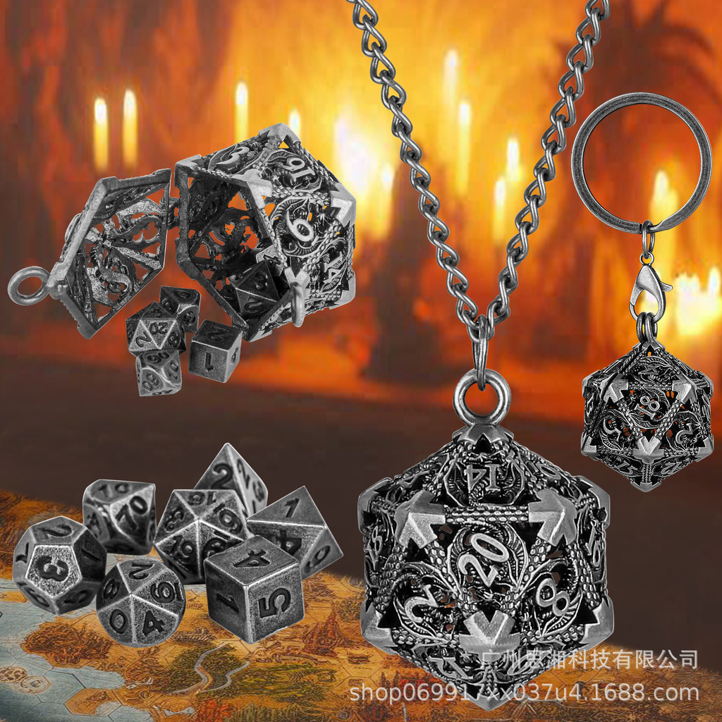 โลหะกลวง 6 มม.มินิโลหะลูกเต๋าชุดจี้ DND Cthulhu วิ่งทีมเกมกระดานสร้อยคอสีหลายเหลี่ยม
