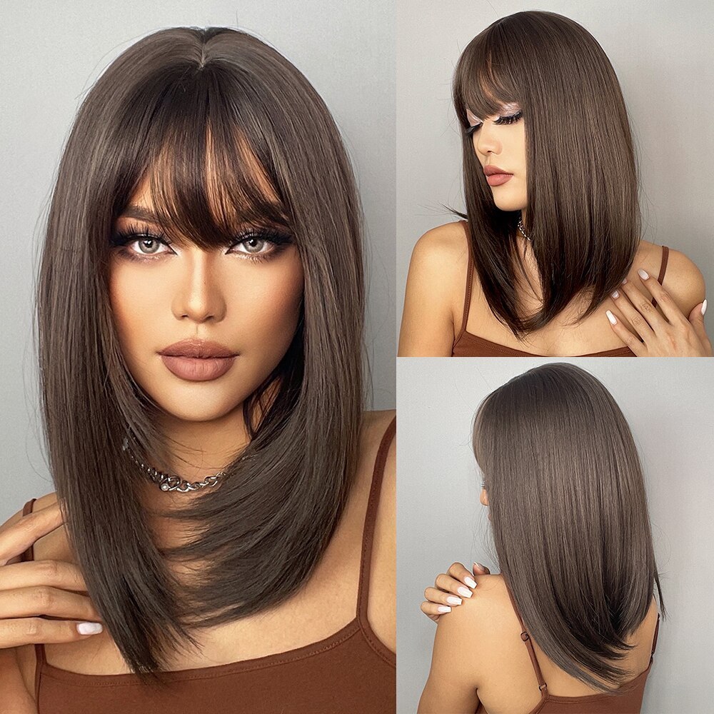 Brown Straight Synthetic Wigs With Bangs For Black Women Shoulder Length Bob With Dark Roots For Gir