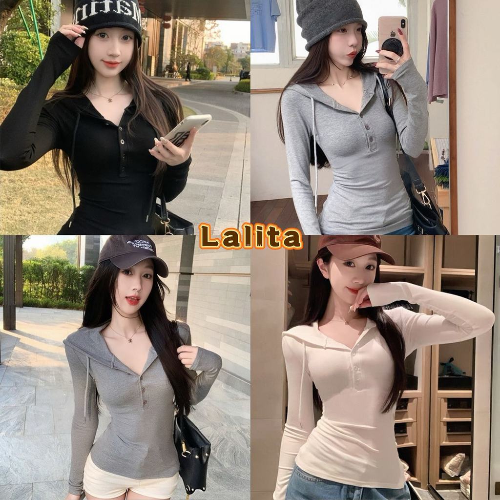 ส่งไวจากไทย เสื้อมีฮู้ด เอวเข้ารูป สไตล์หวานน่ารัก เซ็กซี่เบาๆ ผ้ายืดนุ่ม มี 3 สีให้เลือก Lalita