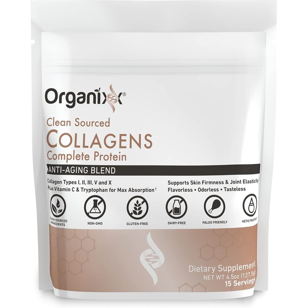 Organixx Collagen Peptides Powder with Vitamin C, Types I, II, III, V, X Hydrolyzed Collagen, Hair, 