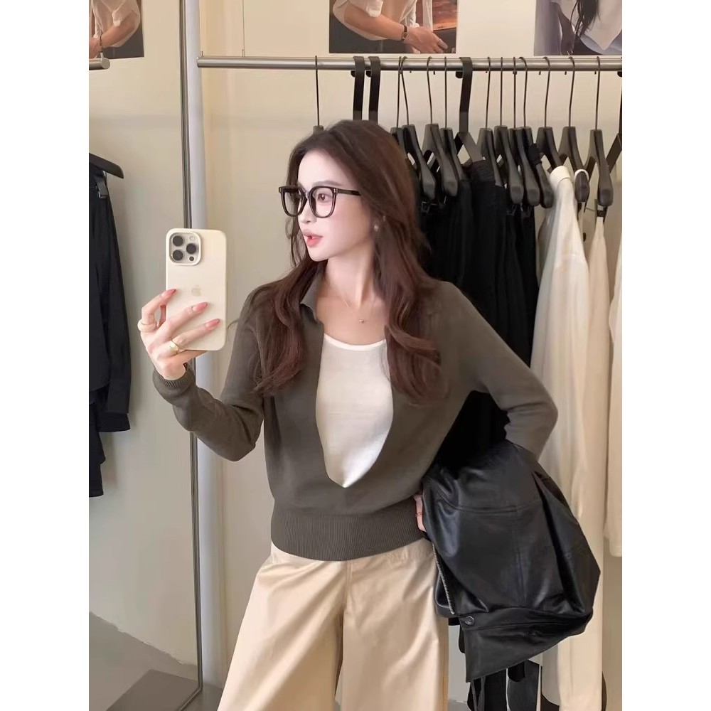 เสื้อนิตติ้งคอปกสไตล์โปโลกันหนาวสำหรับสตรี ดีไซน์สวยงาม