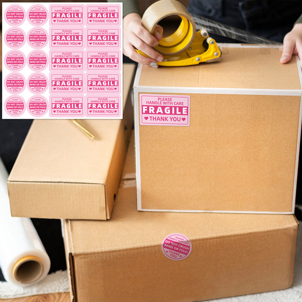 (10แผ่น) Pink Fragile Handle with Care Sticker Label Pembungkusan Stiker Thank You