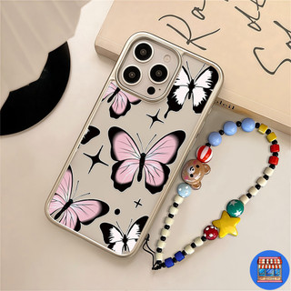 สต๊อกไทย เคสมือถือ11 ผีเสื้อดำชมพู เคสใสกรอบเงิน สร้อยข้อมือหมี For iPhone17 16 11 12 13 Pro MAX 14 15 XS XR 7 8Plus SE2