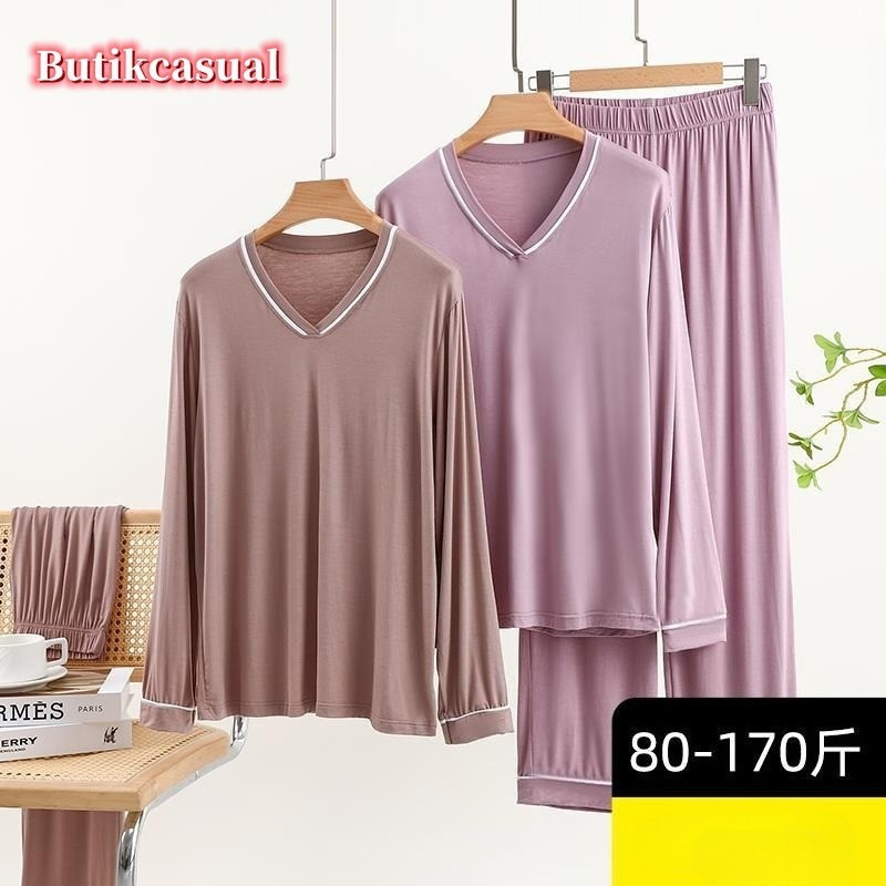 ผู้หญิง Modal ชุดนอน Loungewear V คอ 2 ชิ้นชุดฤดูใบไม้ผลิหลวม Modal Pyjamas เสื้อยืดกางเกงลําลอง